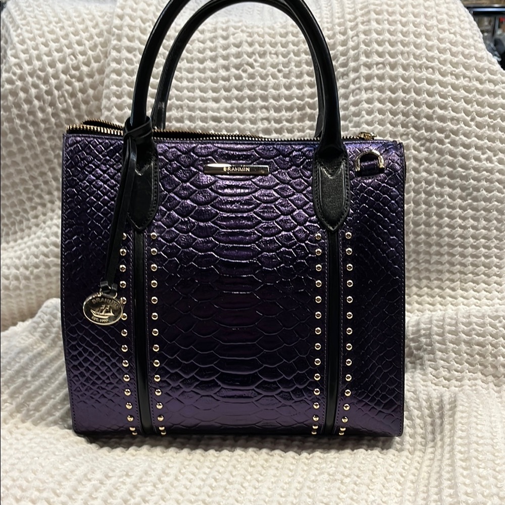 💜Brahmin Purple Embossed Leather Satchel with Gold Studs💜